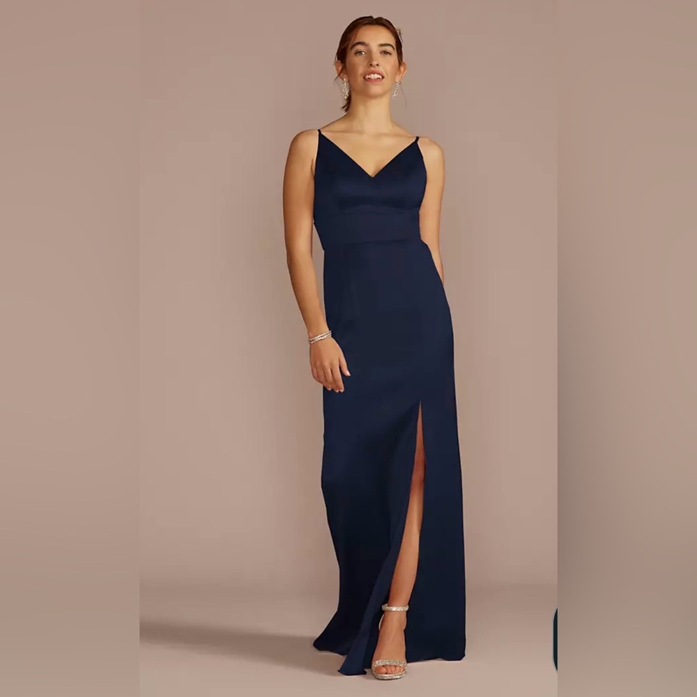 David's Bridal Navy V-Neck Spaghetti Strap Maxi Gown with Front Slit